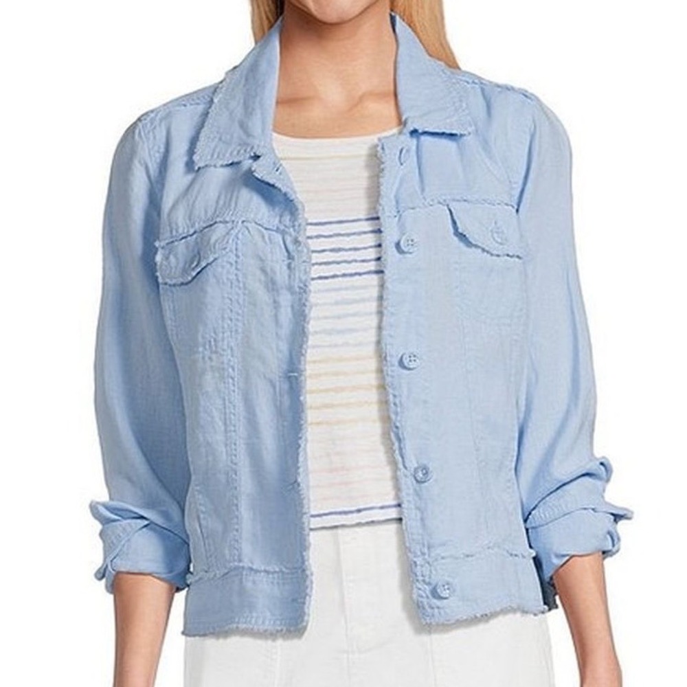 Tommy Bahama Blue 100% Linen Frayed Hem Trucker Jacket Small f5